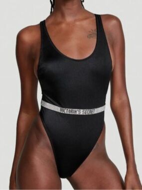 Victoria's Secret Shine Strap Plunge One-Piece Swimsuit Black Bling Logo Small